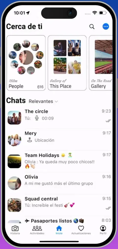 Weebu home with place and journey galleries and the chat list