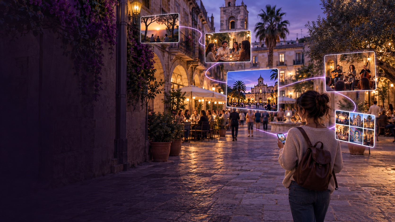Ilustración de una viajera que descubre una ciudad, con fotos de lugares y momentos conectadas a su recorrido